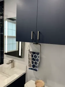 Bathroom Design in Arlington, VA Elena C. 6 Navy wall cabinet and backlit LED mirror over an integrated sink in Arlington, VA