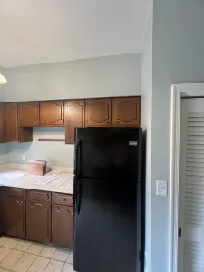 Before photo: dark wood kitchen cabinets and louvered closet door in a Washington, DC home